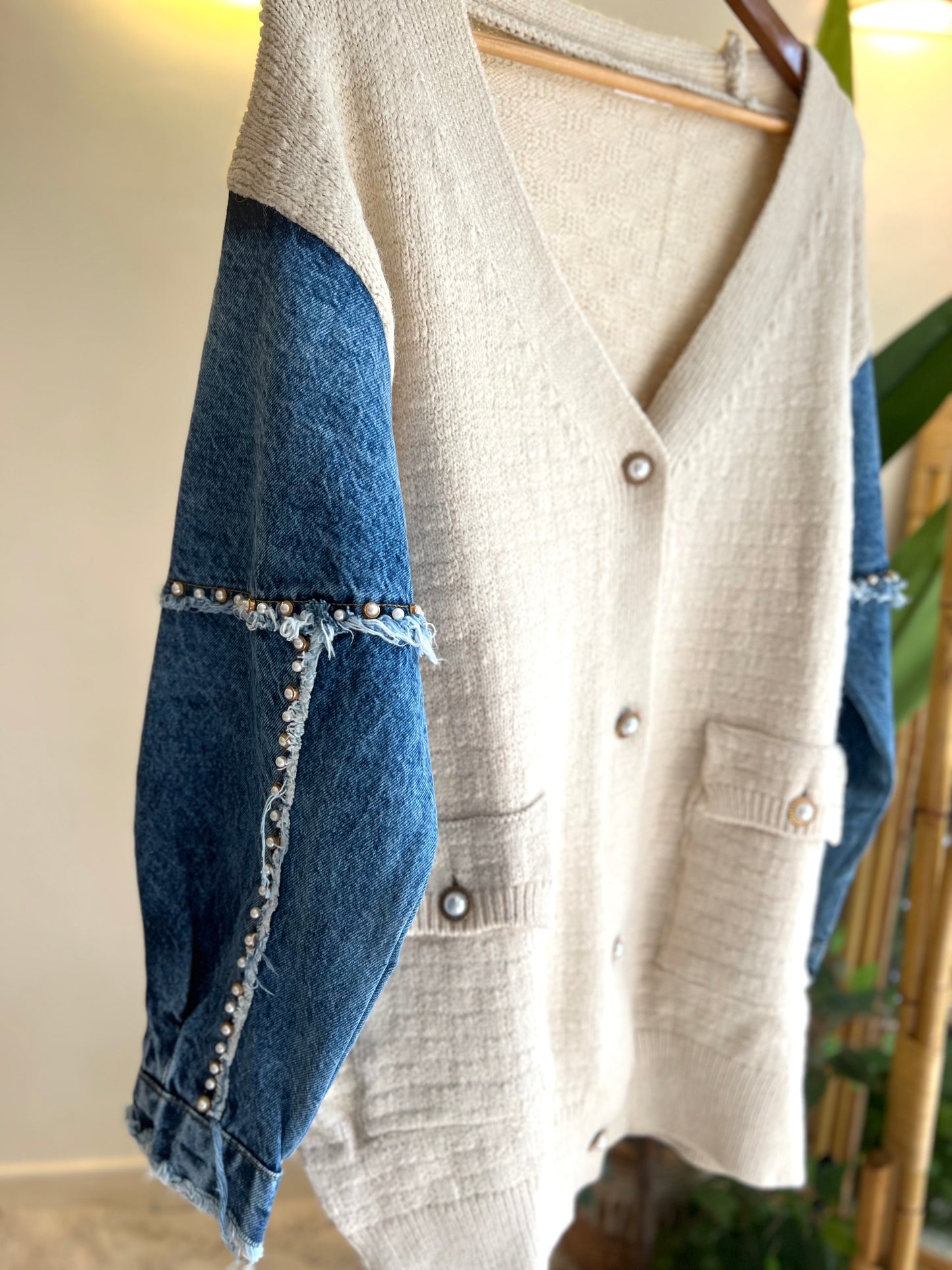 The Pearl Denim X Beige Cardigan With Pockets