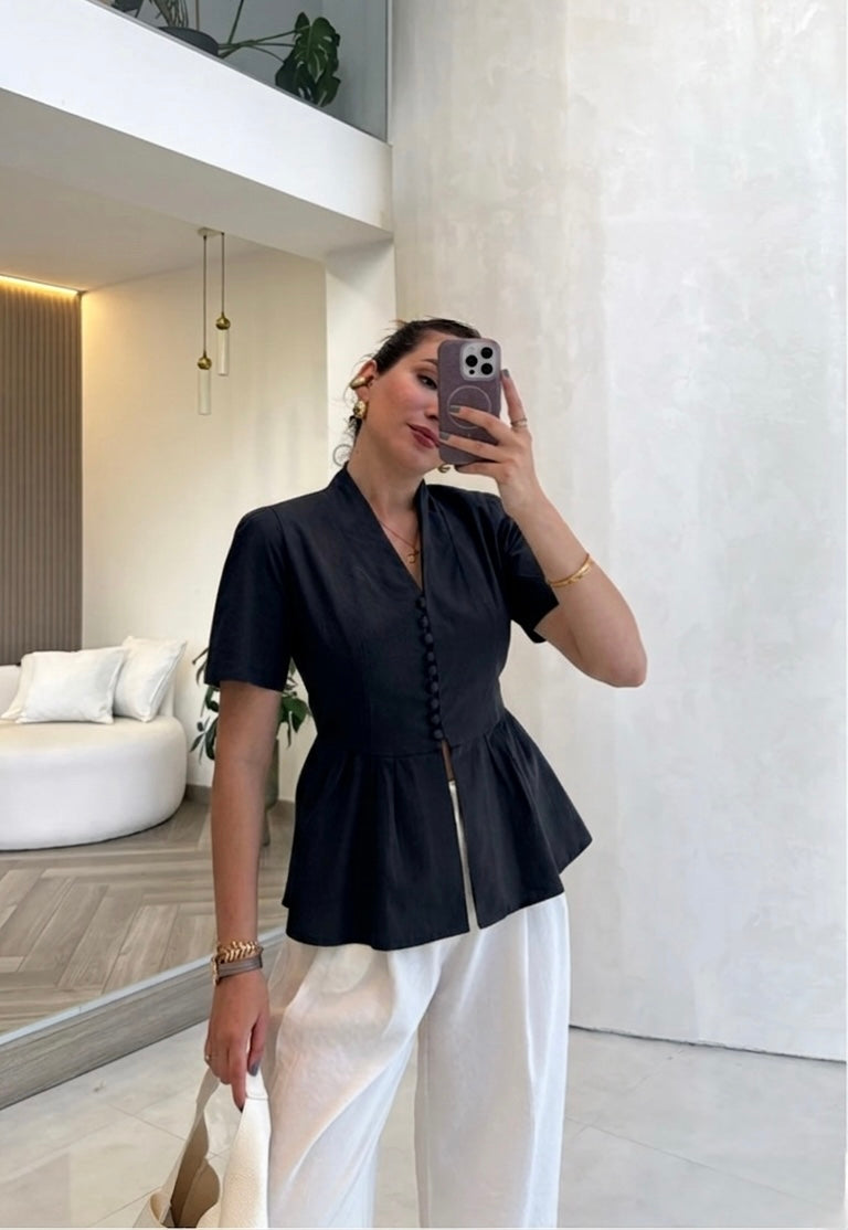 Black Linen Half Sleeves Blouse