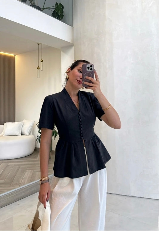 Black Linen Half Sleeves Blouse