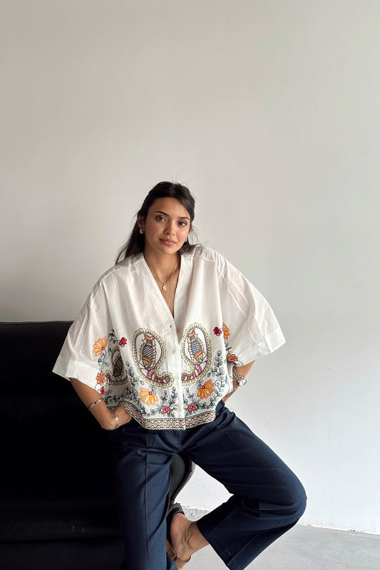 Oversized Butterfly White Embroidered Blouse