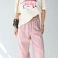 Linen Pink Straight Pants With Elastic Waist