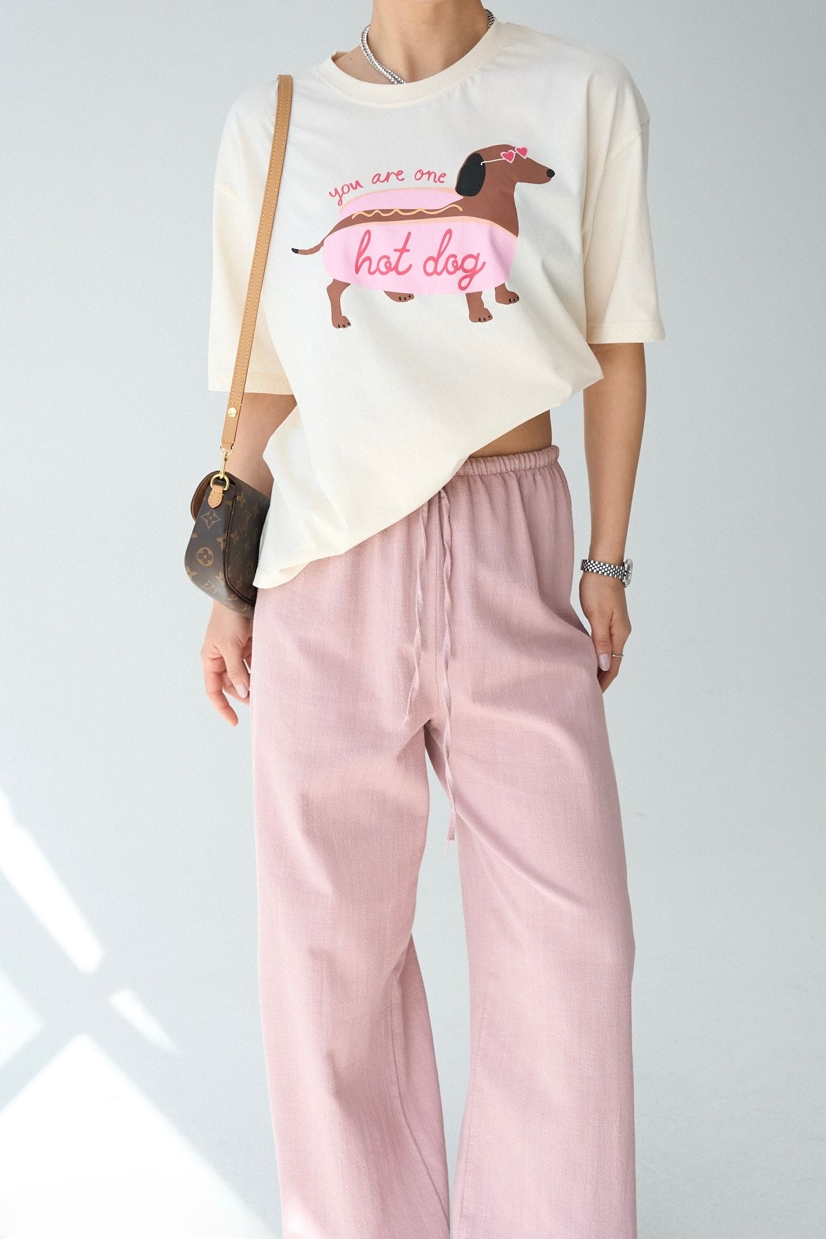 Linen Pink Straight Pants With Elastic Waist