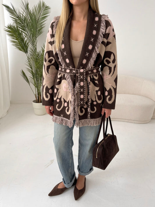 The French Brown Fringes Cardigan With Belt & Pockets