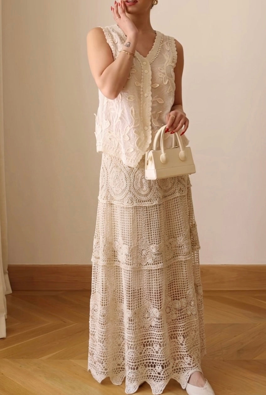 Cotton Lace & Crochet Beige Elastic Waist Skirt