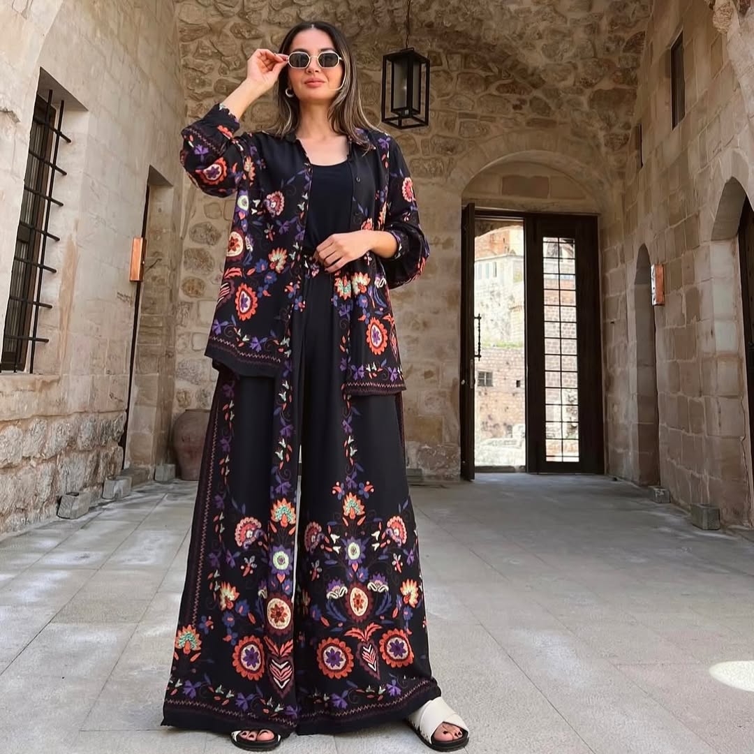 Floral Black Oversized Shirt Set