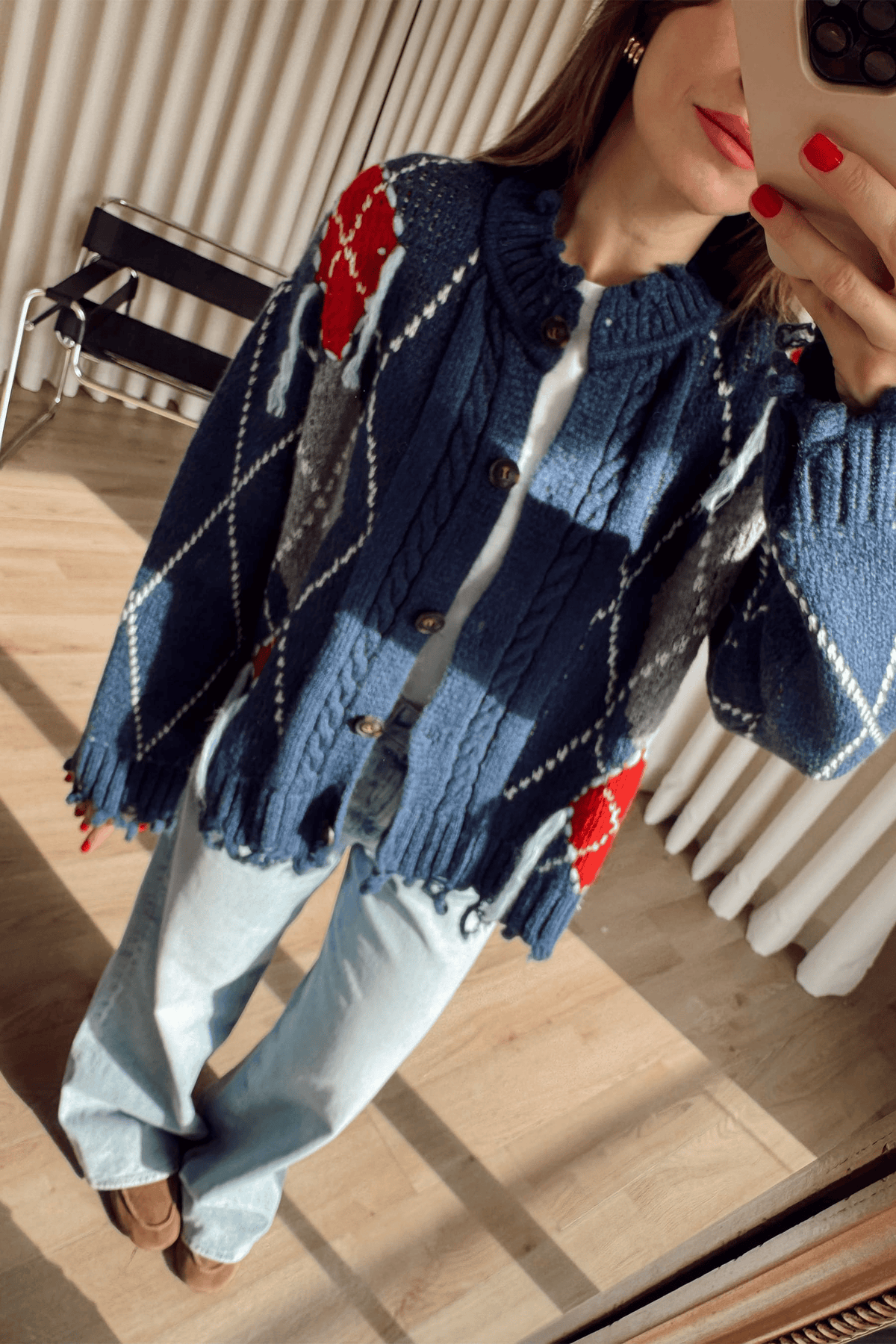 The Vintage Blue & Red Fringed Cardigan