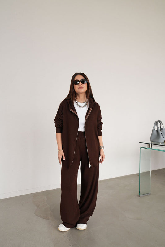Brown Triko Double Zip-Up Hoodie Set