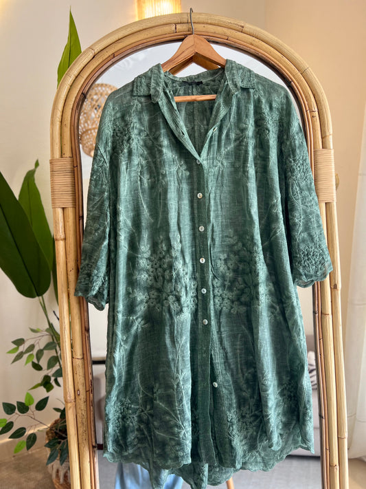 Green Embroidered Floral Lace Long Shirt