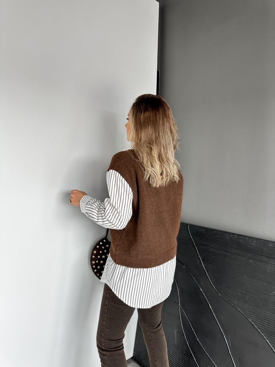 Brown V Triko Vest With Striped Black Cotton Shirt (one piece)