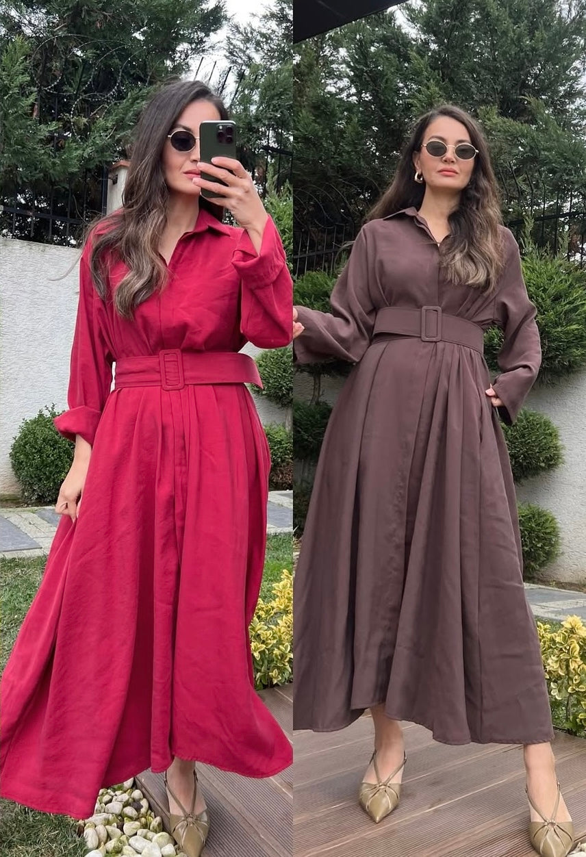 Burgundy Belted Shirt Dress