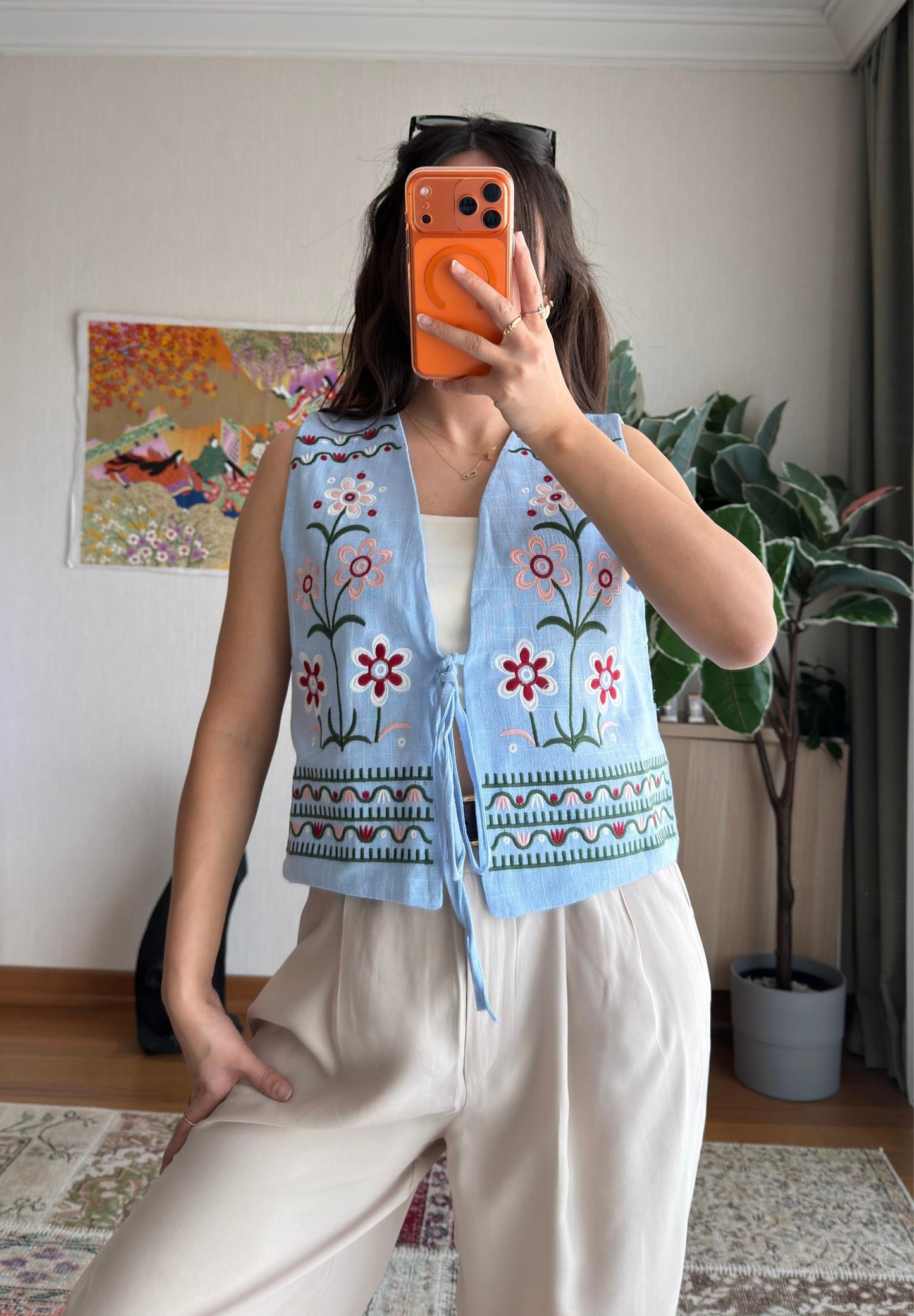 Baby Blue Floral Embroidered Vest