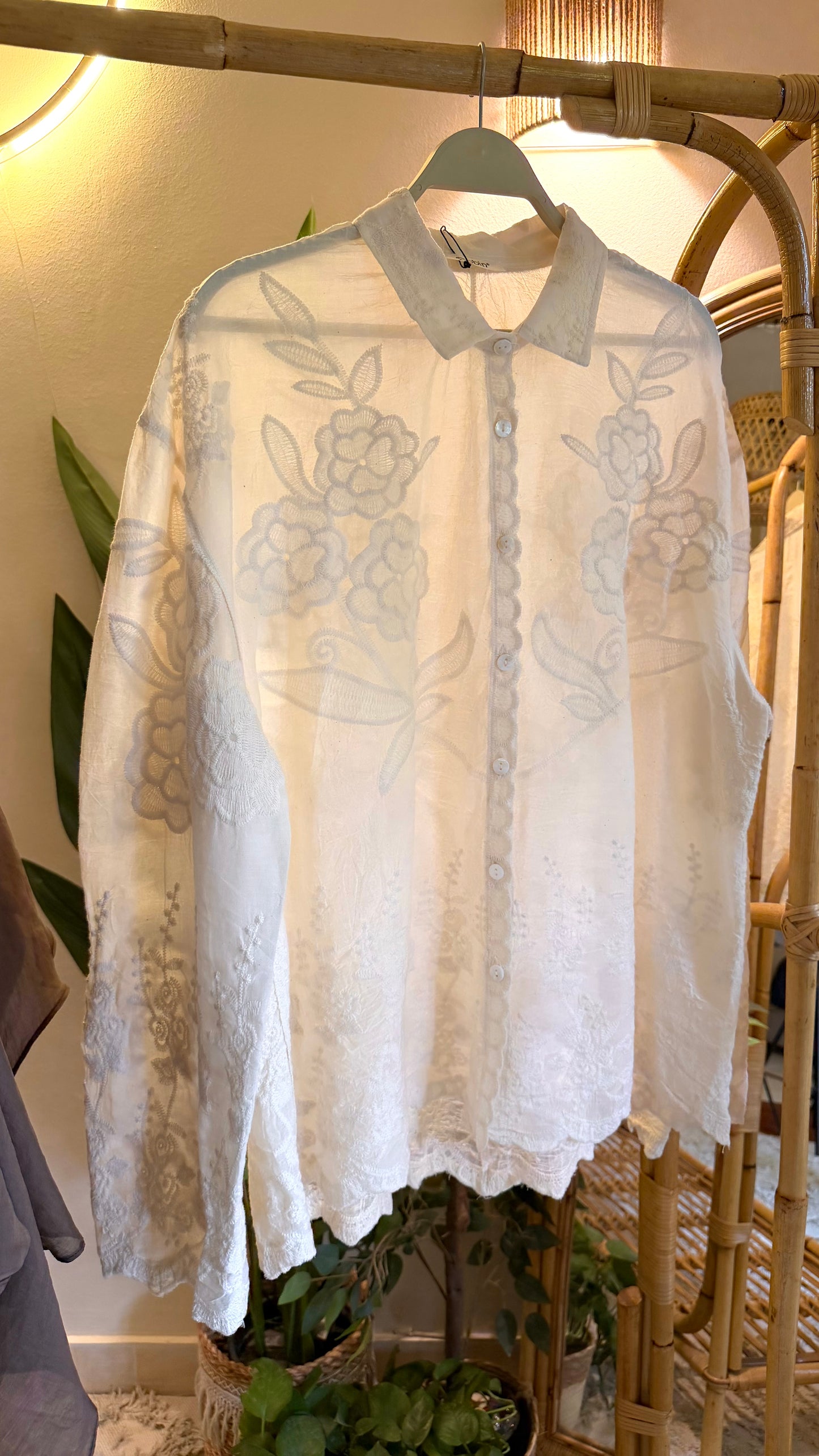 Beige Floral Embroidered Lace Oversized Shirt
