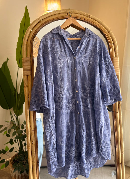 Blue Embroidered Floral Lace Long Shirt