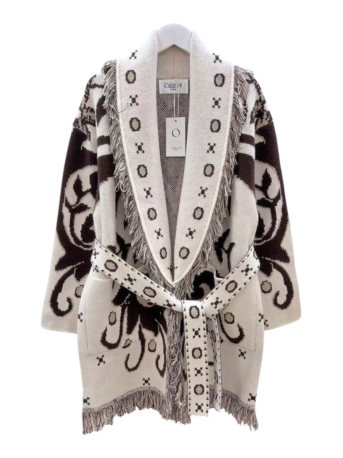The French Beige Fringes Cardigan With Belt & Pockets