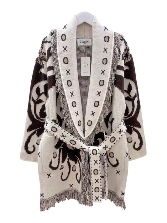 The French Beige Fringes Cardigan With Belt & Pockets