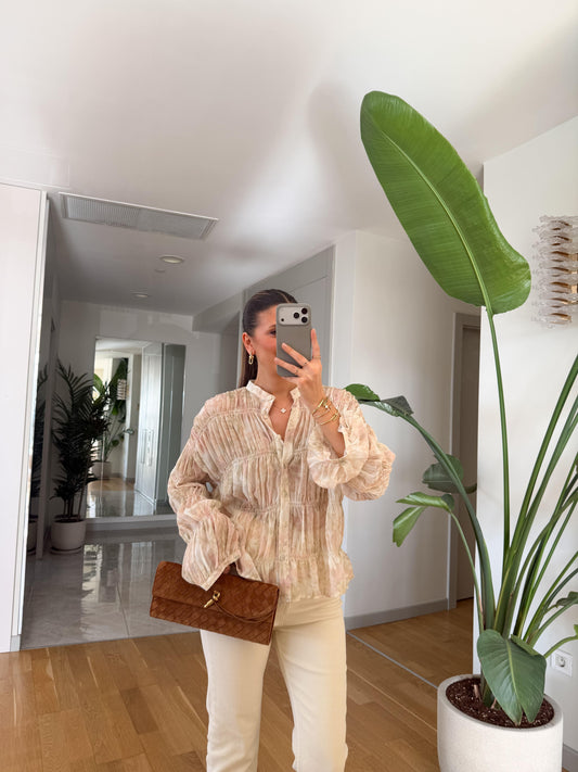 Beige Smocked Chiffon Vintage Blouse