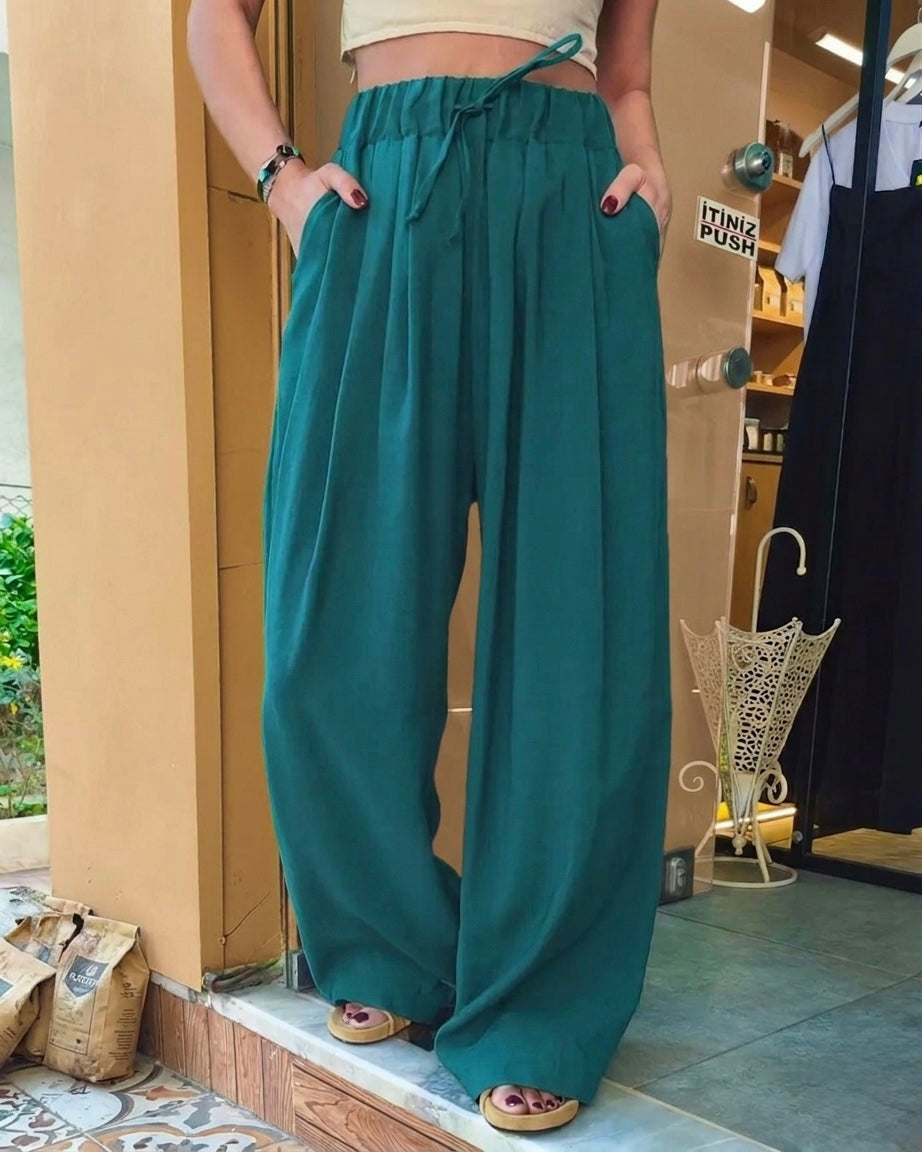 Premium Teal Green Elastic Waist Palazzo Pants