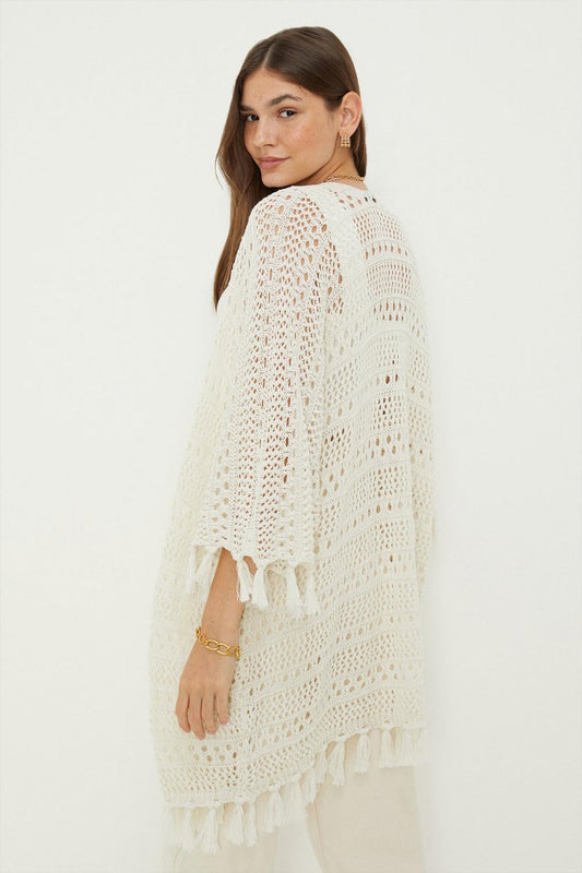 Off White Crochet Tasseled Kimono