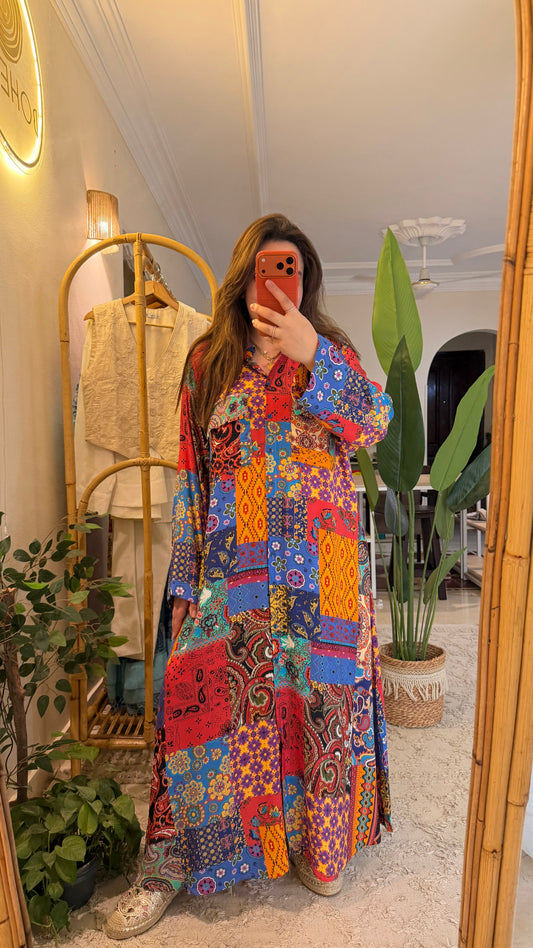 Colorful Patchwork Shirt Dress - Print 2