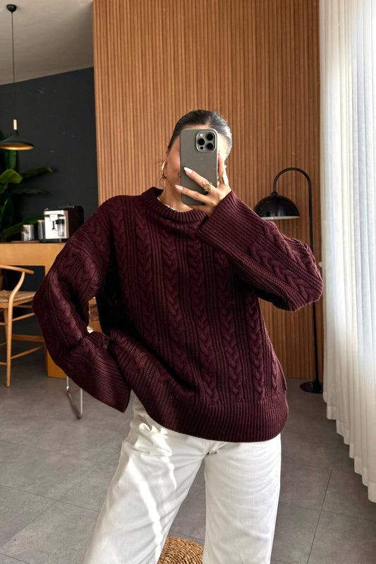 Mahogany Braided Bell Sleeves Pullover