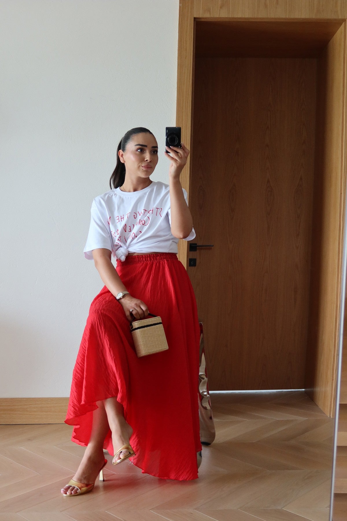 Red Asymmetrical Crinkled Chiffon Skirt