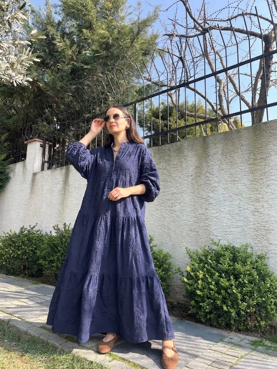 Blue Embroidered Floral Wide Dress