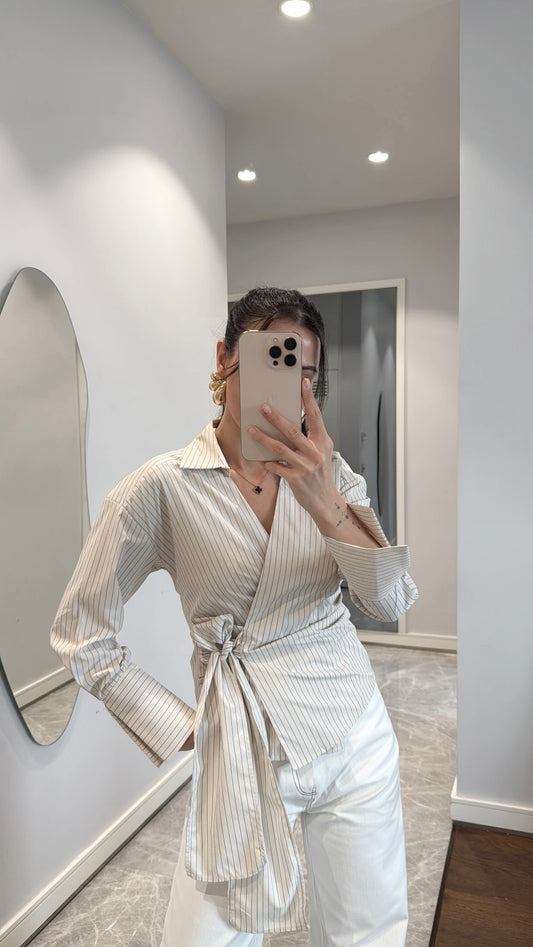 Striped White Tie Wrap Shirt