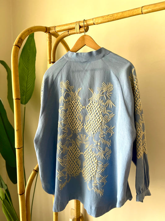 Embroidered Linen Blue Geo Kimono