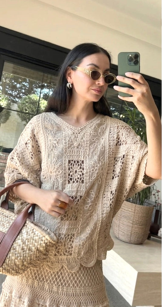 Beige Floral Crochet Long Blouse