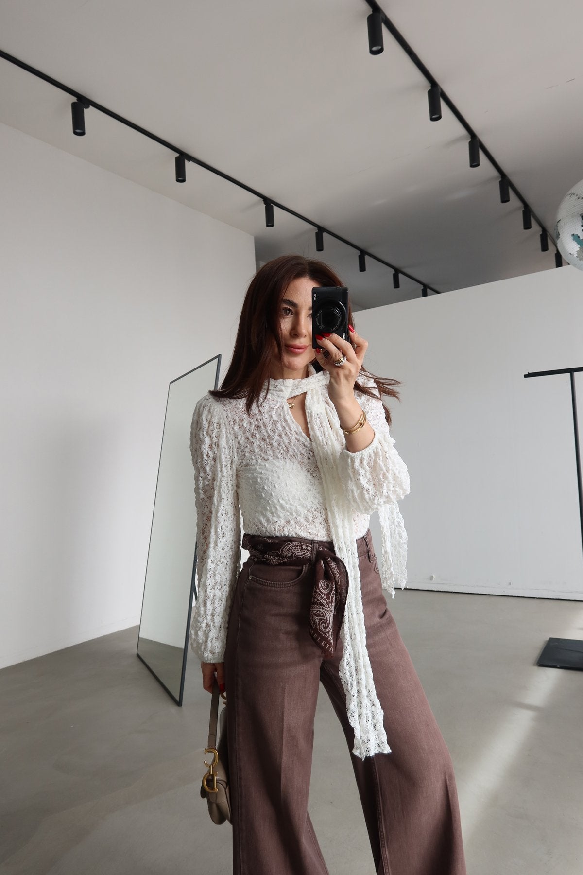 Off White Lace Blouse With Front Ties