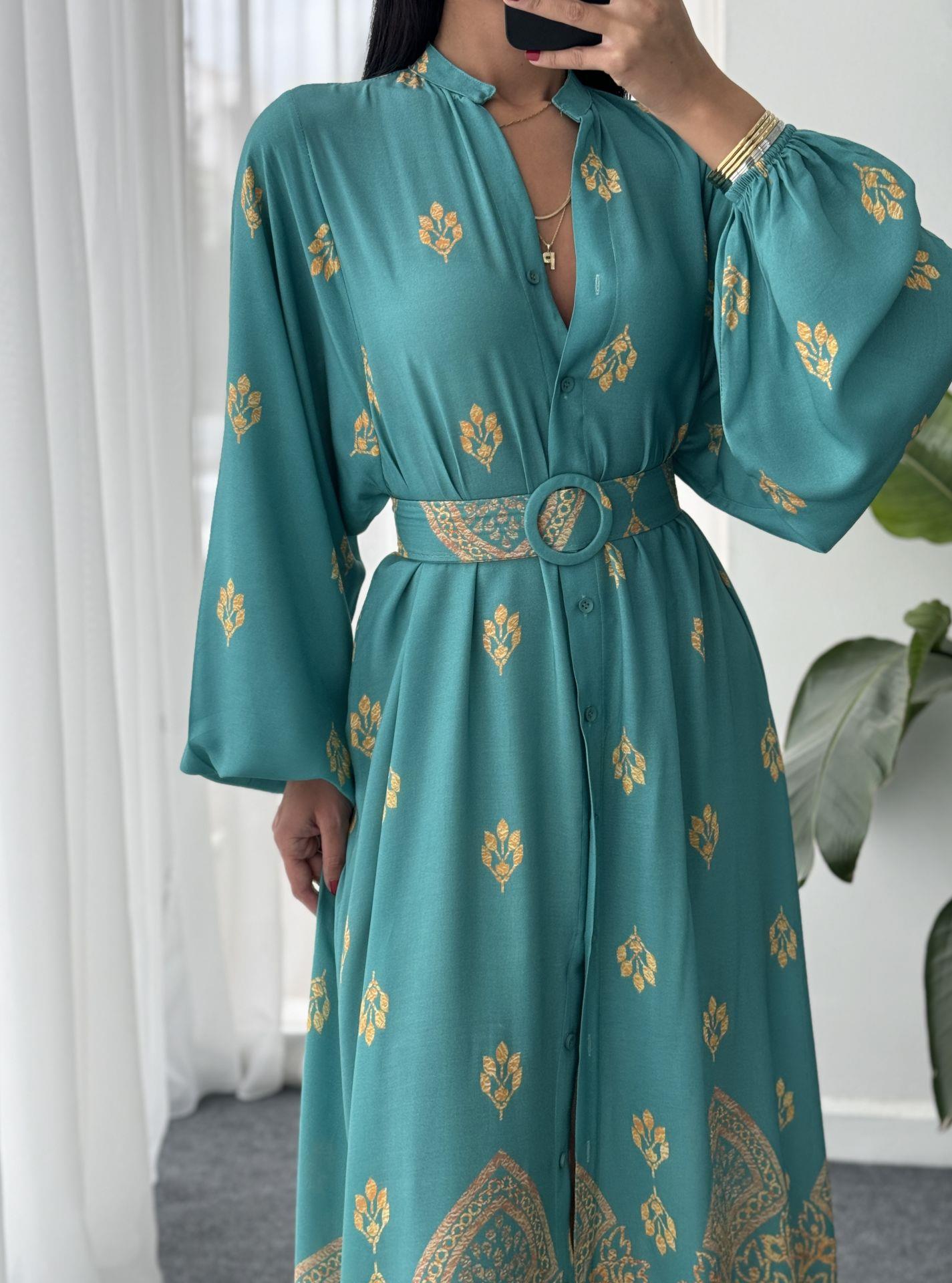 Turquoise X Golden Pattern Belted Dress