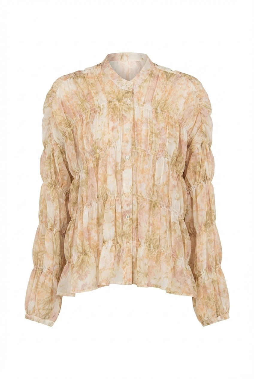 Beige Smocked Chiffon Vintage Blouse