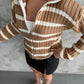 Camel & White Striped Zipper Triko Jacket