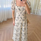 Beige & Black Vintage Embroidered Dress With Square Neck