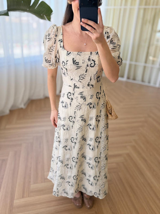 Beige & Black Vintage Embroidered Dress With Square Neck