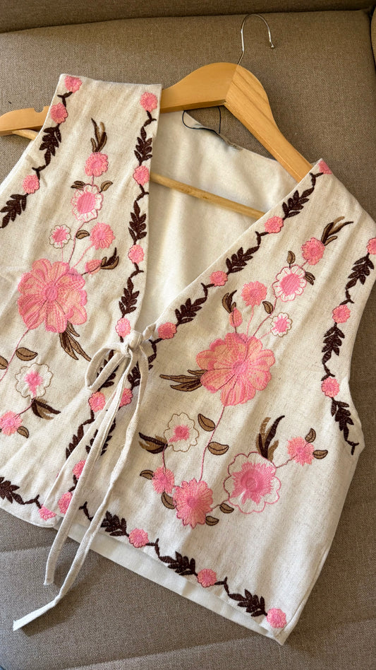 Linen Floral Embroidered Vest