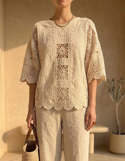 Beige Floral Crochet Long Blouse