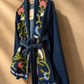 Dark Blue Floral Embroidered Denim Belted Jacket