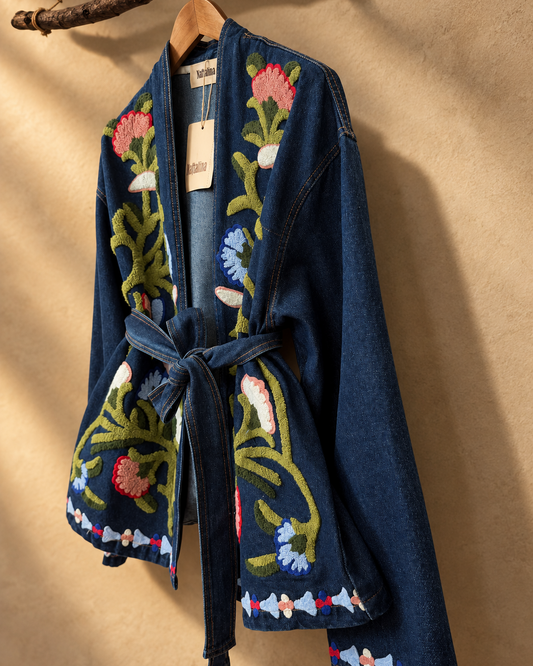 Dark Blue Floral Embroidered Denim Belted Jacket