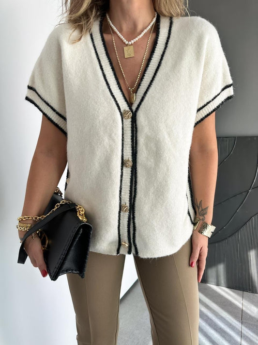 Cream Striped Black Vest With Golden Buttons