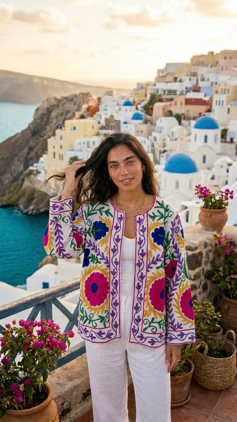 White Aswan-ian Suzani Embroidered Jacket