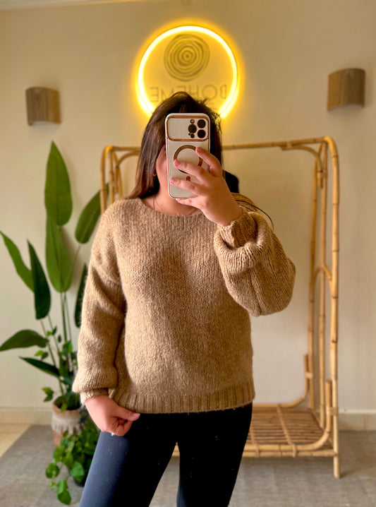 Camel Mohair Pullover With Golden Threads