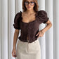 Brown Corset Waist Half Sleeve Blouse