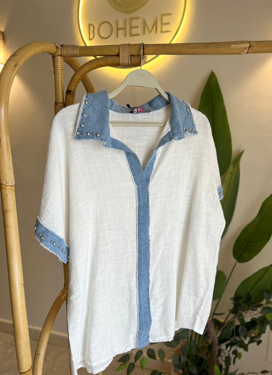 Linen X Denim Embellished Half Sleeves Blouse