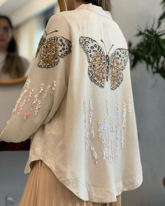 Linen Embroidered Butterfly Beige Kimono
