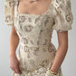 Beige Brown Vintage Embroidered Dress With Square Neck