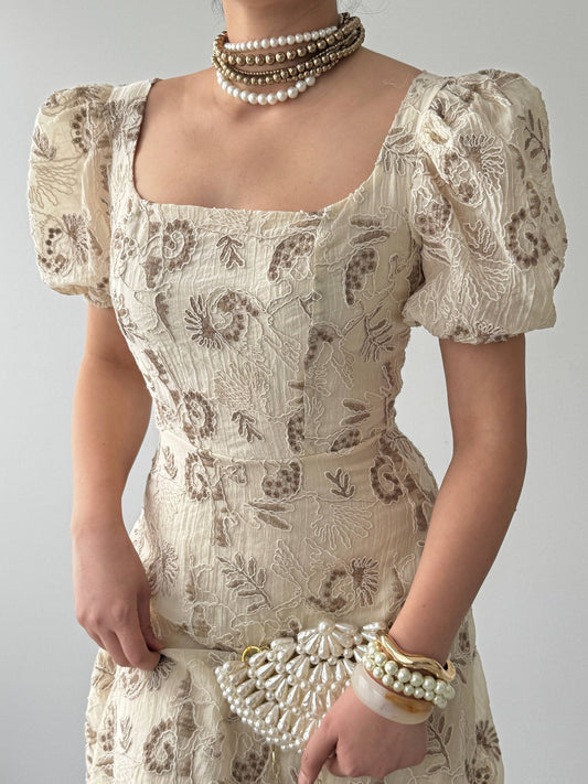 Beige Brown Vintage Embroidered Dress With Square Neck