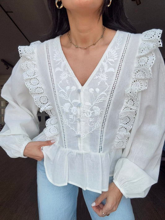 Dantel Detailed White Blouse