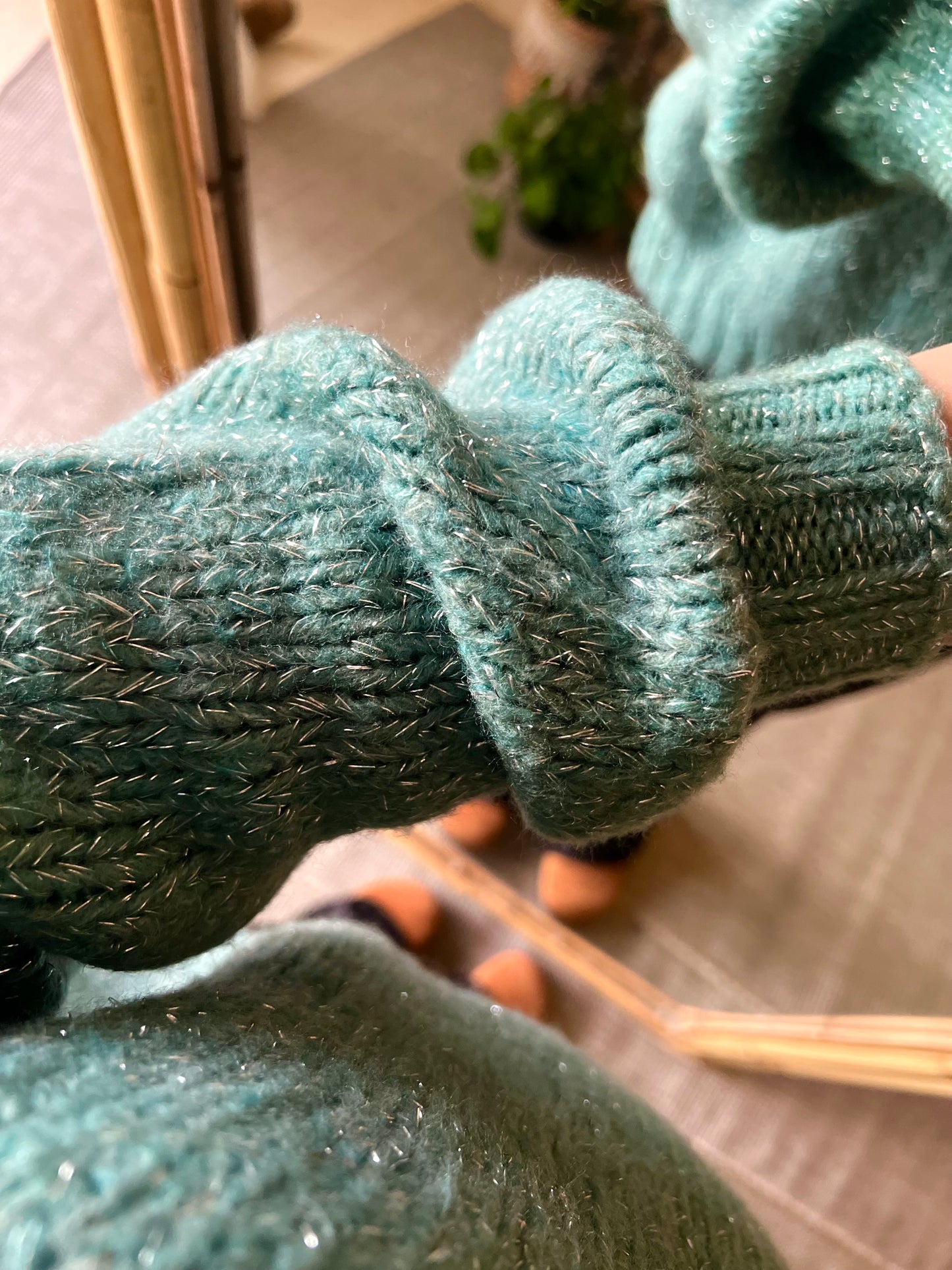 Turquoise Mohair Pullover With Silver Threads
