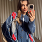 The Vintage Blue & Red Fringed Cardigan